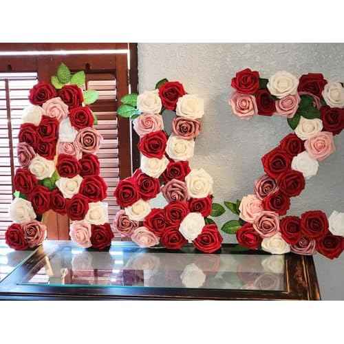 Artificial Flowers 25pcs Dark Red Roses Real Looking Foam Rose Fake Flowers with Stem/Leaves for DIY Wedding Bouquets Centerpieces Floral Arrangments Home Party Christmas Tree Decorations