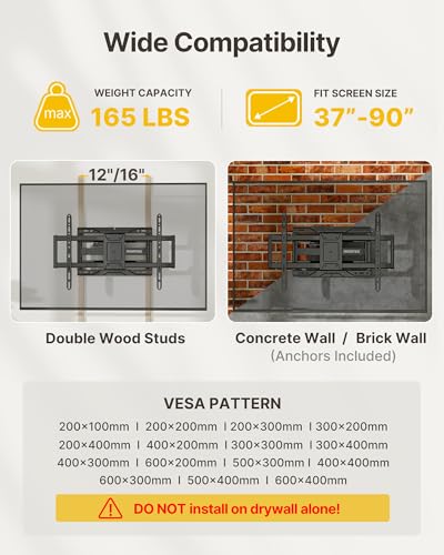 37-90 Inch Heavy Duty Full Motion TV Wall Mount - Up to 165 lb, Adjustable Swivel & Tilt