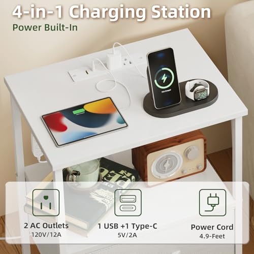 Somdot White Nightstand with 2 Drawers, Charging Station & LED Light - 11.8"D x 15.7"W x 23.6"H