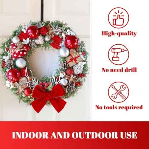 Metal Wreath Hanger for Front Door, Adjustable Wreath Hanger from 12-20", Single Hook, Heavy Duty, Holds up to 20 lbs, Over-The-Door Hook for Hanging Easter, Halloween, Fall, Christmas Decorations