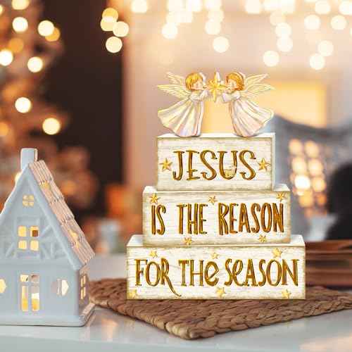 Britimes 4 Pcs Christmas Tiered Tray Decorations Set Jesus Angel Stack Block Signs Faith Christian Religious Holiday Decor for Table & Home Office (Jesus Reason)