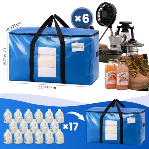 Blue Extra Large Moving Storage Bags - 6 Pack with Visible Window, Heavy Duty & Waterproof