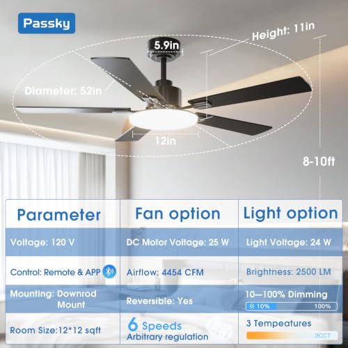 Black 52-Inch Ceiling Fan with Lights and Remote Control - Modern & Energy Efficient