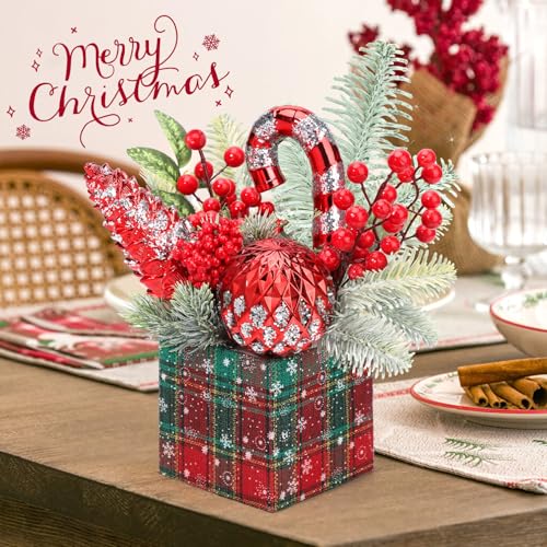 KPX Large-Square-Red Mini Christmas Tree Tabletop Decor with Ornaments & Pine Cones
