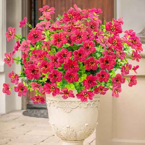 Agusbagli 10 Bundles Artificial Flowers Outdoor UV Resistant Fake Flowers No Fade Faux Plastic Greenery Shrub Plants for Wedding Home Garden Window Box Fireplace Thanksgiving Christmas Decor, Rose Red