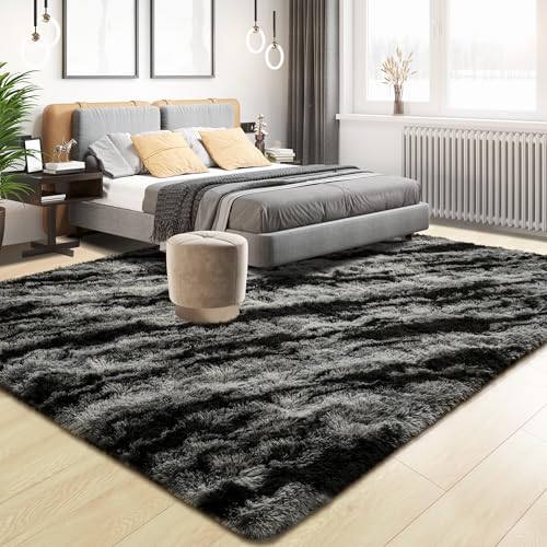 Tepook Black Grey 6x9 Fluffy Shag Rug for Living Room & Bedroom