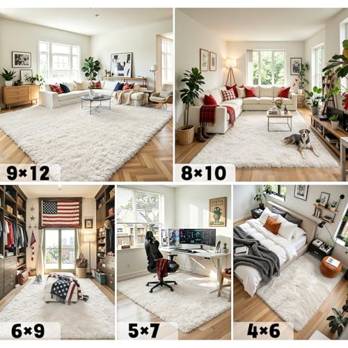 Cream 8x10 Shaggy Area Rug - Plush Furry Living Room Carpet, Large Size