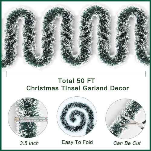 50FT Christmas Tinsel Garland Metallic Twist Shiny Christmas Tree Decorations, Xmas Holiday Hanging Garland for Home Mantle Stair Indoor Outdoor Party Supplies Decor- Green White