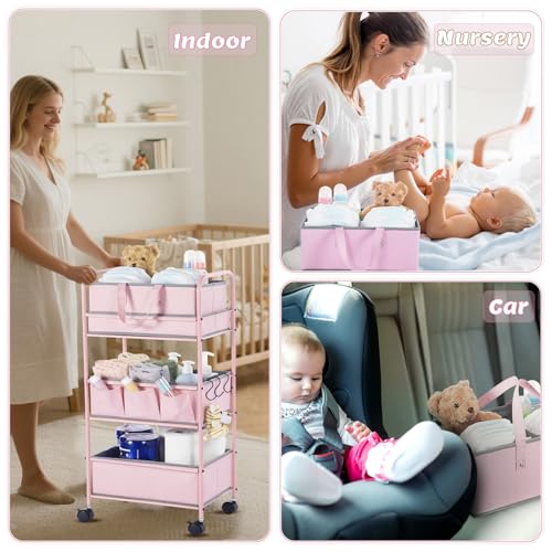 Pink 2-in-1 Baby Diaper Caddy Organizer Cart with Removable Baskets