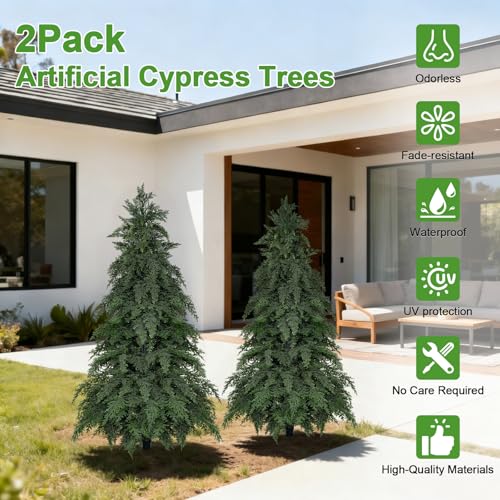 2-Pack Fake Cypress Topiary Trees with Pot, 4ft UV-Resistant Indoor Outdoor