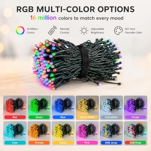 Dazzle Bright RGB 33ft 100 LED Color Changing Christmas Lights, USB Powered, Bluetooth + Remote