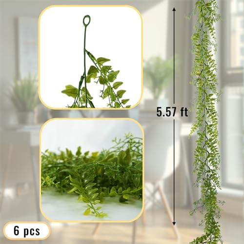 PENGYEE 6 Pack Artificial Greenery Garland 6Ft for Hanging Decor, Realistic Faux Leaves