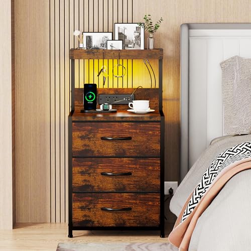 Rustic Brown LED Nightstand with Charging Station, 3 Fabric Drawers - 2 Tier