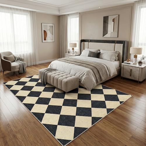 Dark/Coffee Checkered Area Rug 5x7 - Washable Living Room Rug, Non Slip, Pet Friendly