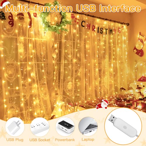 Ollny 6.6ft x 6.6ft Warm White 200 LED Curtain Lights 2-Pack with Remote Control