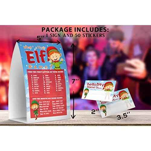 What's Your Elf Name Game, Christmas Party Games Activities, 1 Sign and 50 Name Tag Stickers -JJ043
