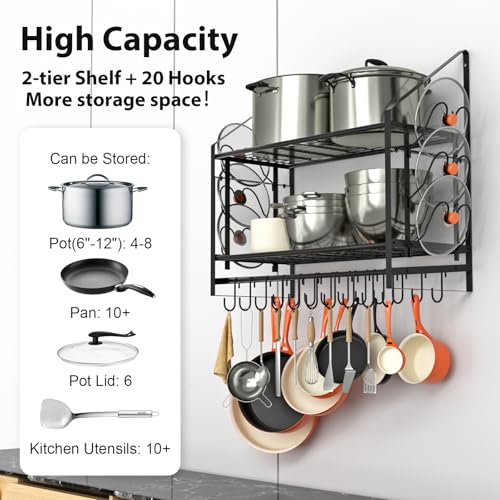 VyGrow 28 Inch Black 2-Tier Wall Mounted Pot Rack with 20 Hooks & Lid Holders