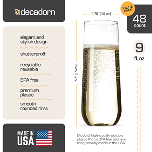 Decadorn 48 Pack Stemless Plastic Champagne Flutes 9 oz Made in USA