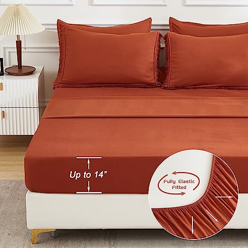 Andency King Comforter Set with Tassels - Burnt Orange 7-Piece Bedding