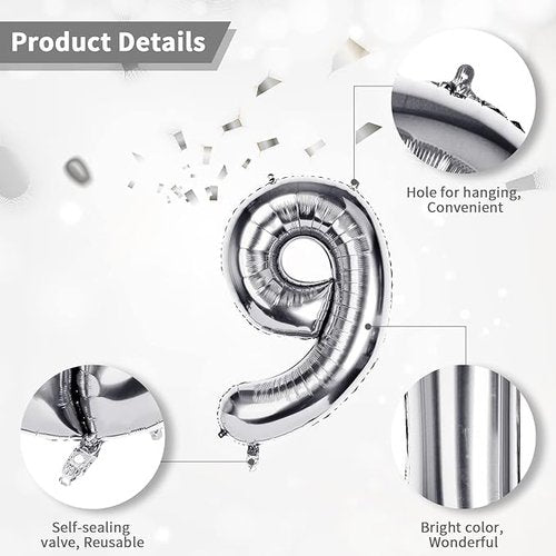 Generic 32 Inch Silver Number Balloons Foil Balloons 0 to 9 for Birthday Anniversary New Year Graduation Decor Balloon Decoration (Number 9)