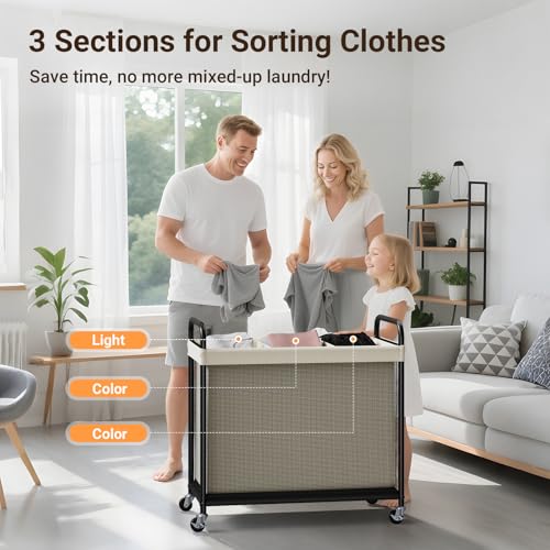 ELYKEN 3-Section Laundry Hamper with Removable Liner - Beige 120L Rolling Sorter