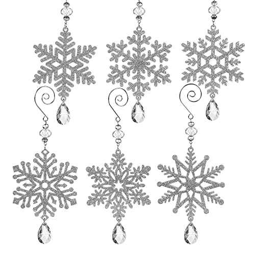 6Pieces Silver Snowflake Ornaments 6 Inches Acrylic Crystal Glitter Snowflakes Christmas Ornament for Winter Christmas Tree Decorations New Year Crafts