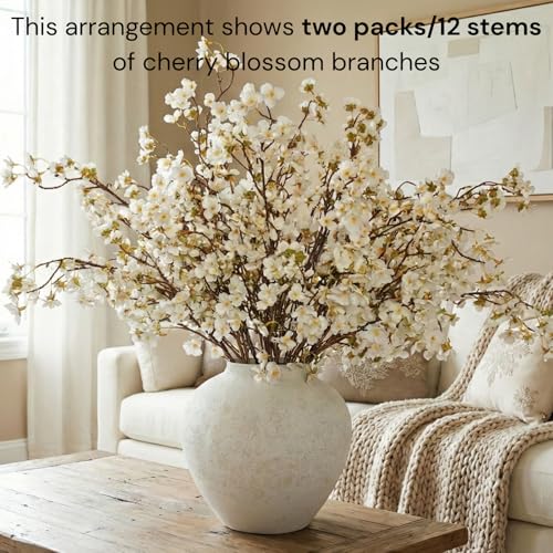 White Cherry Blossom Branches - 6 Faux Silk Long Stems for Vase Arrangements