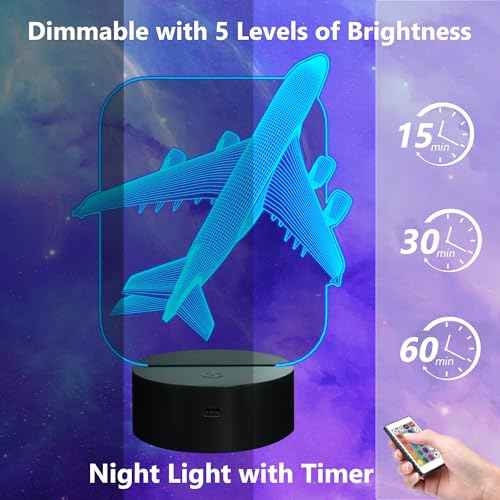 Aircraft Airplane 3D Night Light Kids Bedside Lamp 16 Colors Changing with Remote Control Xmas Halloween Birthday Gift for Child Baby Boy