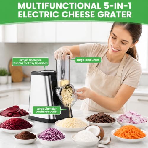 Electric Cheese Grater for Block Cheese & Vegetables - Silver - 5-in-1 Kitchen Tool