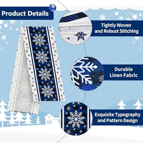 72 x 13 Inch Christmas Table Runner ? Blue and Black Buffalo Plaid with White Snowflake Pattern for Winter Holiday, Kitchen, Dining Table, Mantel, Xmas Party Decorations