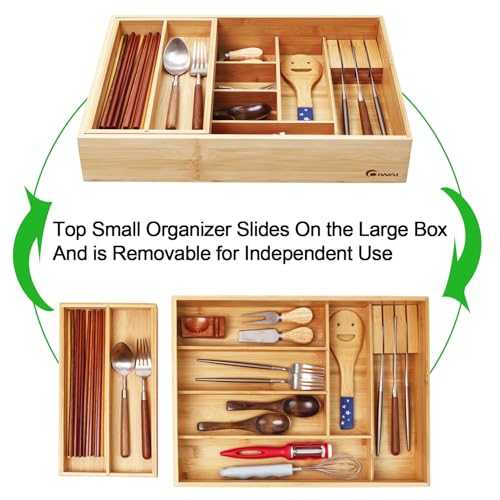 Two Tier Bamboo Kitchen Drawer Organizer - 16.85 x 12.2 in Silverware Tray with Removable Knife Block