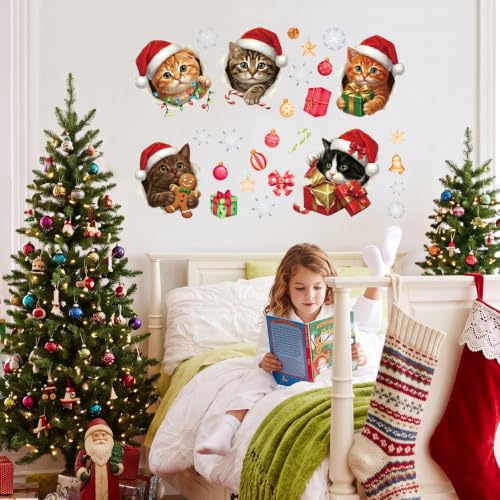 Meowy Christmas Cat Xmas Hat Kitten Wall Decal - 3D Holiday Decor for Kids & Pet Lovers