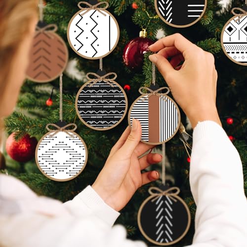 Gerrii 24 Pack Christmas Boho Ornaments Wooden Christmas Round Ornaments with Bow Xmas Hanging Sign Farmhouse Holiday Supplies Gifts for Xmas Tree Decoration(Aztec)