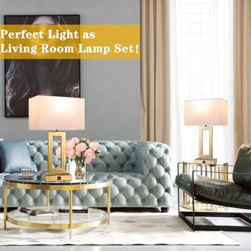 BrightWe 22-Inch Gold & White Set of 2 Touch Control Bedside Table Lamps with USB Ports - Large