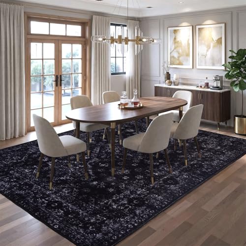 8x10 Black & Dark Blue Area Rug - Large Machine Washable Living Room Rug, Non-Slip, Geometric Pattern