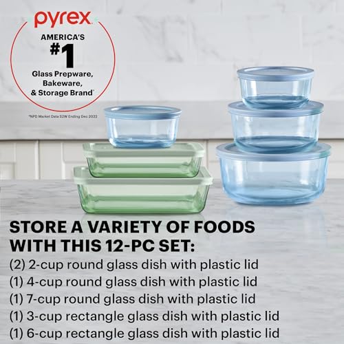 Pyrex Colors Tinted 6 Pack Food Storage Container Set - Small, Medium, Large with Snug Fit Lids - Green and Blue Variations