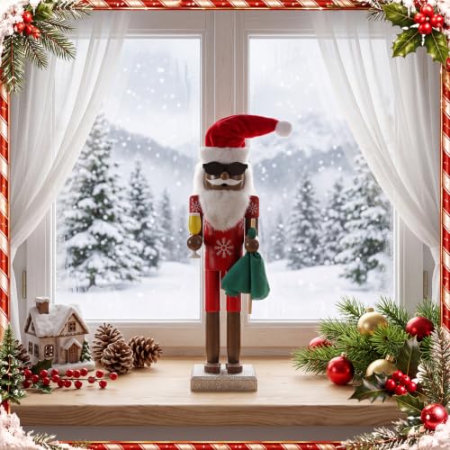 15 Inch Black African American Santa Nutcracker Christmas Decor - Wooden Tabletop Ornament