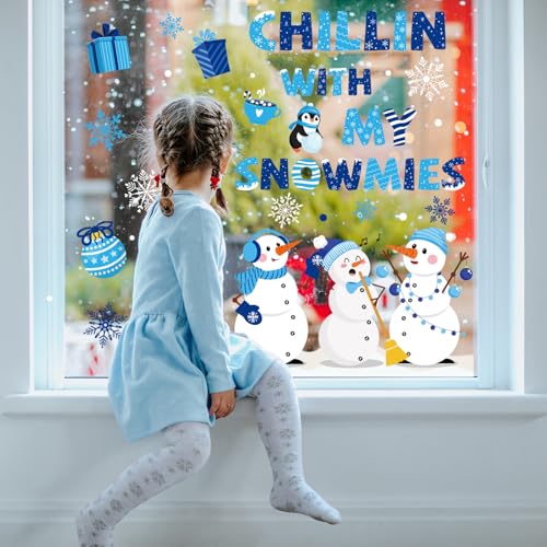 Winter Snowmen Door Sticker Set - 2 PVC Wall Decals 35.4 x 11.8 in, Blue Chillin With My Snowmies