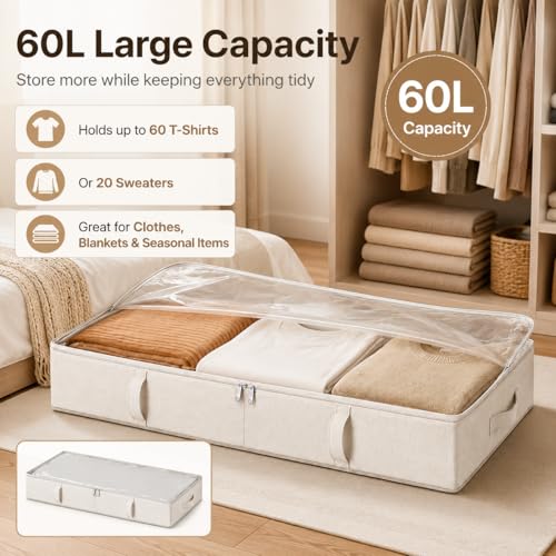 Beige Underbed Storage Container - 6 Inches Tall 60L with Handles & Clear Window - 2-Pack