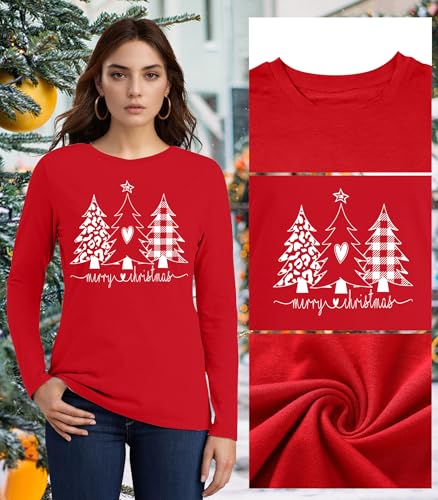 MEESHEEP Merry Christmas Shirts for Women X-Large Red Plaid Xmas Trees Graphic Tee
