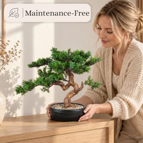 Permaplants Cypress Artificial Bonsai Tree 16" - Realistic Fake Plant for Home Office Decor