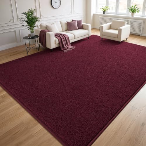 7x10 Burgundy Red Room Rug - Soft Fluffy Washable Low Pile Non-Slip Carpet for Bedroom & Living Room