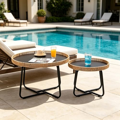 Nesting Coffee Table Set of 2 - Modern Wicker & Metal Side Tables, 27.6 & 19.7 inch
