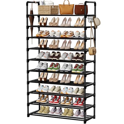 SRRSO Black 10-Tier Metal Shoe Rack Organizer for 40-45 Pairs, Tall Closet & Entryway Storage