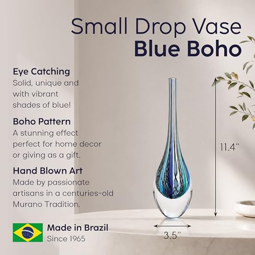 Cá d'Oro Murano Style Blue Hand Blown Art Glass Drop Vase - Boho Home Decor