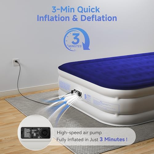 Blue Full Size Air Mattress with Built-In Pump - Comfortable Self-Inflating, Durable Blow Up Bed for Guests, Camping, Travel