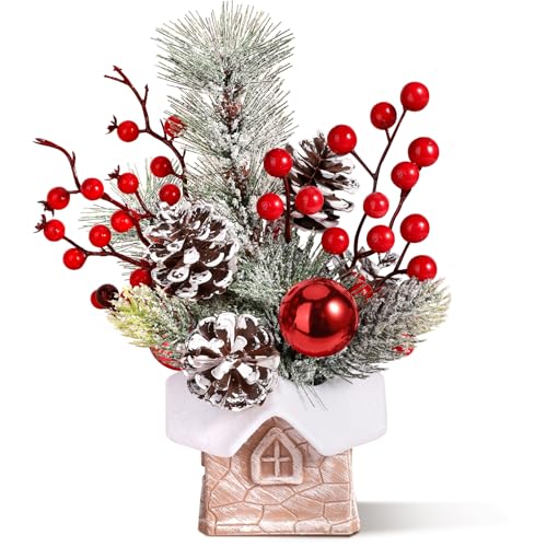 KPX Cabin-Snow Mini Christmas Tree with Ornaments - Tabletop Artificial Holiday Decor