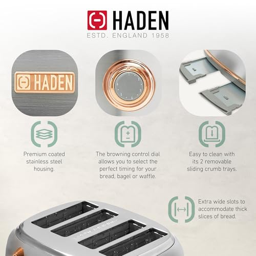 Haden Heritage 4-Slice Wide Slot Stainless Steel Toaster with Copper Finish - Modern Kitchen Appliance