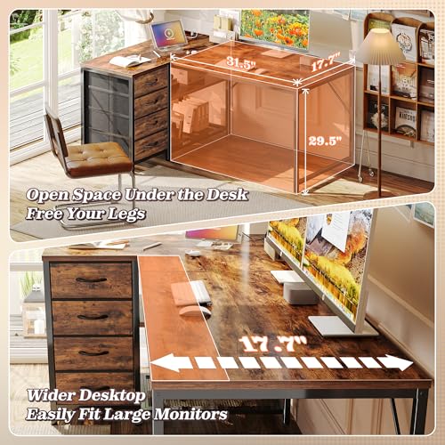 Reversible Small L Shaped Desk with Power Outlets & 4 Drawers - Rustic Brown, 43.3 Inches
