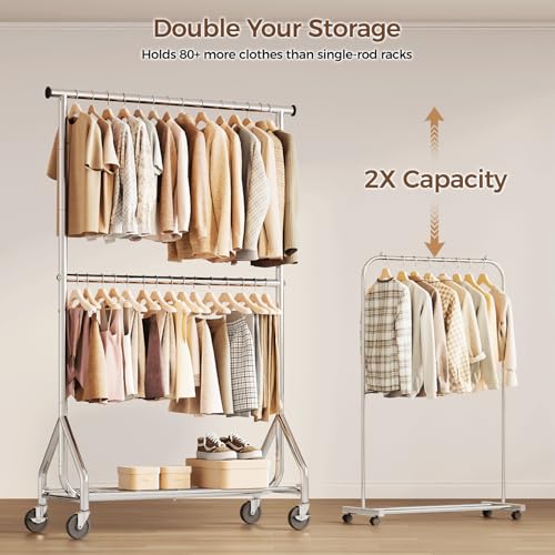 HYSEYY Heavy Duty Clothes Rack, Double Rod Clothing Rack for Hanging